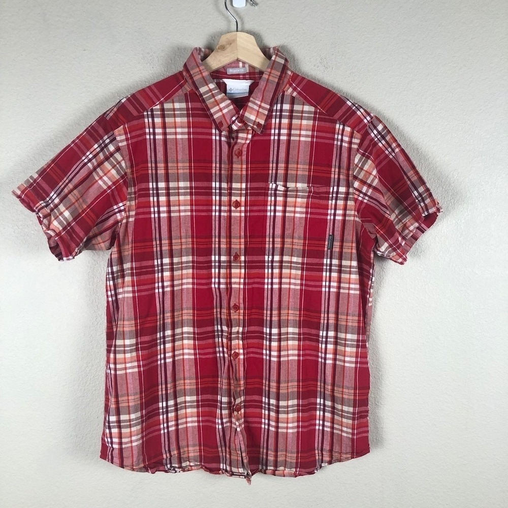 Columbia Plaid Outdoorwear Shirt Men L Red Regular Fit Hiking‎ Camping Preppy